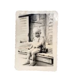 Vtg Baby Posing on Front Steps Monochrome Photography Found Snapshot B&W